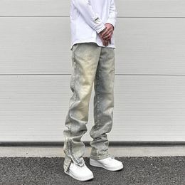 Men's Jeans Streetwear Vibe Vintage Distressed Washed Trousers Yellow Mud Dyed Zipper Split Straight and Women's Clothing 231121