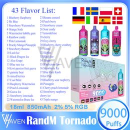 Authentic RandM Tornado 9000 Puff Disposable Vape Pen 18ml Pre-filled Pod Mesh Coil 600mAh Rechargeable Battery Air-adjustable 2%5% Level Puffs 9k E Cigarette 43 Colours