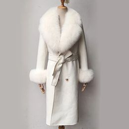 Kvinnors ull blandar riktig päls krage kvinnor lång blandad kapphylsa med manschettmode smal kvinnlig vinterkashmirjacka 231120
