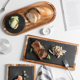 Plates Natural Wooden Board With Slate Stone Tray Cuisine Sushi BBQ Plate Pad Steak Dessert Cake Kitchen Dish Restaurant Supplies