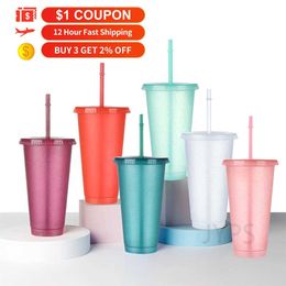 Mugs 480700ML Flash Powder Water Bottle With Straws Lid Plastic Reusable Personalized Drinkware Coffee Drinking Cup Christmas Gifts Z0420