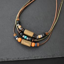 Pendant Necklaces Men 2 Layers Leather Rope Necklace Vintage Fashion Retro Creative Natural Wood Layered Charm Wax Faux