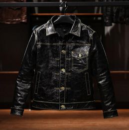 Men's Leather American denim leather jacket men's lacquer black particle brown red Amikaki layer cowhide