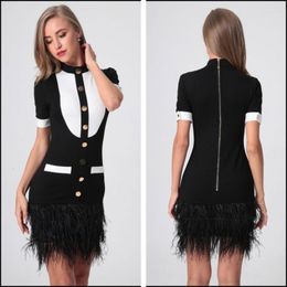 Party Dresses Inspired By Tuxedo Gold Buttons Partywear Dress Black Feather-Trimmed Hem Mini Elegant Women Clothing