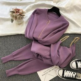 Womens Two Piece Pants Autumn Knitted Set Solid Sexy Tank Top Long Sleeve Zipper Cardigan Elastic Waist 3piece Tracksuits Wear 231120