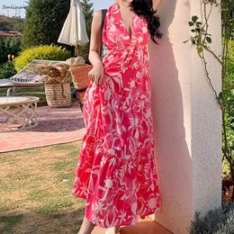 Casual Dresses Women Summer Sexy Backless Bohemian Dress Off The Shoulder Neck-mounted Beach Maxi Chic Elegant Printed Flower Pink