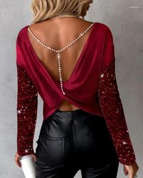 Women's Blouses Blouse For Women 2023 Spring Sexy Twisted Open Back Contrast Sequin Pearls Strap Backless Top T-Shirt Autumn