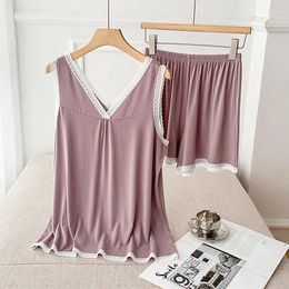 Women's Sleepwear Sexy Sleeveless Vest Shorts Suit Summer Comfortable Modal Lace Women V Neck Pyjamas Set Pijama Feminino Home Clothes