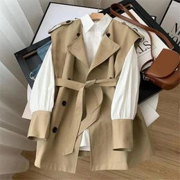 Work Dresses Office Ladies Temperament Top 2pcs Sets Tie Waist Trench Coat Vest White Shirt Stitching Sleeves Women Korean Fashion Suit 2023