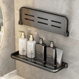 Bathroom Shelves Punch Free Bathroom Storage Rack 30-50cm Black Fold Shelf Space Aluminium Bathroom Kitchen Shelves Shampoo Holder Home Accessorie 230421