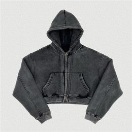 Men s Hoodies Sweatshirts Retro Winter Women Oversize Super Short Zipper Female Thick Fleece Hooded Coat 355gsm 231121