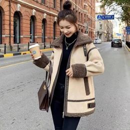 Women's Fur Moto Biker Zipper Jackets Faux Lamb Fleece Korean Harajuku Heavy Winter Clothes Wool Coat