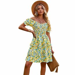 Off-shoulder A-line Mini Casual Cake Dress Polyester Pullover Puff Short Sleeves Ruches Chest High Waist Loose Floral Printed Panelled Tiered Ruffles Holiday Summer