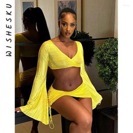 Work Dresses Two Piece Set Women Cut Out Outfits Sexy Flare Long Sleeve Crop Top Low Rise Drawstring Mini Skirt 2023 Summer Beach Y2K