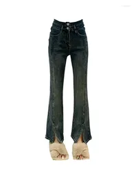 Women's Jeans American Retro Y2K Flare High Waist Slim Bottoms Gyaru Fashion Denim Trousers Split Hem HipHop Street Streetwear