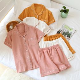 Women's Sleepwear Couple's Cotton Crepe Double Layer Gauze Pyjamas Men and Women Large Size Sleepwear Long Sleeve Solid Pyjamas Two Piece Set 230421