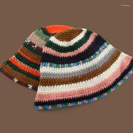 Berets Sweet Girls Crochet Bucket Hat Ladies Fisherman Cap Colour Matching Woman Teenagers Casual Winter Keep Warm