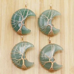 Pendant Necklaces Natural Stone Green Aventurine Pendants Tree Of Life Handmade Copper Winding Moon Shape Charms Jewellery Wholesale 4Pcs