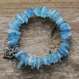 Strand Boho Chunky Aquamarine Antique Heart Charm Stretch Elastic Bracelet Bohemian Couples Man Spiritual Jewellery