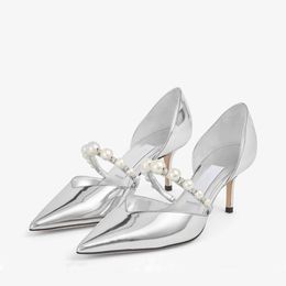 Famous Women Sandals Pumps Trendy AURELIE 65 mm Italy Perfect Pointed Toe Pearl Ankle Strap Silver Patent Leather Designer Evening Dress Sandal High Heels Box EU 35-43