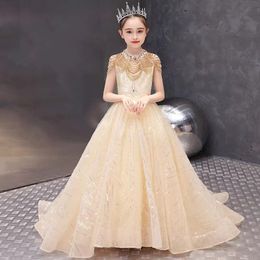 Flower Girl With Gold Crystal Beaded Appliqued Wedding Tutu Dresses Kids Teens Pageant Birthday Party Dress For Wed Cooktail Gown 403