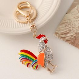 Keychains Poultry Rooster Rhinestone Keychain Creative Cute Car Key Chain Women Bag Accessories Ring Zodiac Chicken Metal Pendant