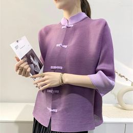 Women's Jackets Chinese Style Retro Buckle Hit Color Spring And Autumn Coat Female Miyake Pleated Cardigan Three-quarter Sleeve T-shirt