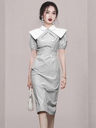 Korean Elegant Women Dress Sweet Preppy Style Casual Peter Pan Collar Slim Midi Party Commute Street Clothes Femme Mujer Vestido