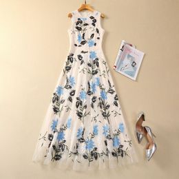 2024 Spring Multicolor Floral Embroidery Tulle Dress Sleeveless Round Neck Panelled Long Maxi Casual Dresses S3N121109