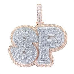 Gold Plated Full Bling Baguatte DIY Custom Name Letter Pendant Necklace with 3mm 24inch Rope Chain for Men Women