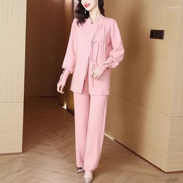 Casual Dresses 2023 Autumn And Winter Chinese Style Knitted Cardigan Set Disc Buckle Diagonal Open Collar Wide-leg Pants Two-piece