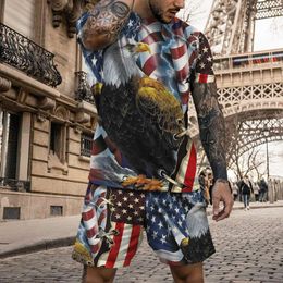 Men's Tracksuits Summer Male T-shirt Shorts 2-piece Set American Flag Print Men's Tracksuit Casual Man Clothes Set Loose Streetwear Outfit 230421