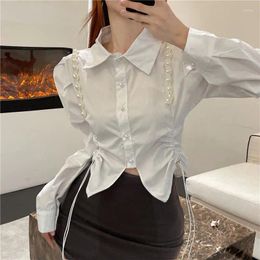 Women's Blouses Lady Autumn Vintage Turn Down Collar Drawstring White Diamonds Shirts Pearls Beaded Pleated Blouse Irregular Cardigan Short