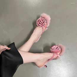 Sandals Ladies Slippers And Pink Flower Faux Fur Thong High Heels Sexy Clip Toe Women Low Heeled Stiletto Shoes