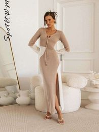 Sexy Patchwork Knitted High Waist Split Dress Women V neck Lace Up Hollow Out Long Sleeve Dresses Chic Daily Commuting Vestidos