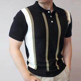 Men's Polos Fashion Men Short-sleeved Striped Tshirt British Slim Lapel Knitted Casual Polo Shirt Summer Contrast Colour Breathable