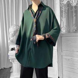 Men's Casual Shirts E-BAIHUI Solid Shirt For Men Three Sleeve Spring And Autumn Clothing Dark Green Hong Kong Style Loose Mens Tie