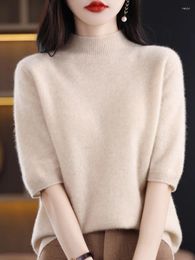 Women's Sweaters Half Sleeve Cashmere Women Knitted Pure Merino Wool Spring Fashion Mock-Neck Top Pullover Non-Connect One Line