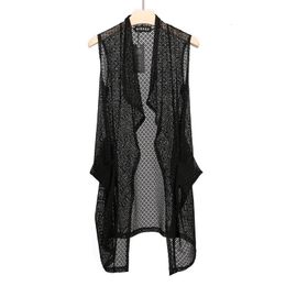 Men's Vests 2023 Summer Hollow Out Long Vest Street Casual Sleeveless Jacket Mens Fashion Korean Vintage Cloak Cardigan 230420