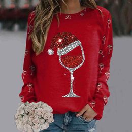 Women's Hoodies 2024 Xmas Wine Cup Women Long Sleeve Top Round Neck Casual Fall Pullover Sweatshirt Half Zip Fleece Cloth