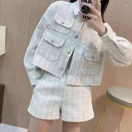 Women's Jackets 2023 Autumn And Winter Silver White Sequined Short Coat / High Waist Shorts