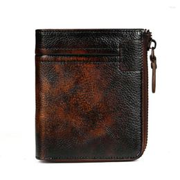 Wallets Vintage Short Leather Wallet Men's Zipper Coin Purse Multi-functional Card Holder Money Clip