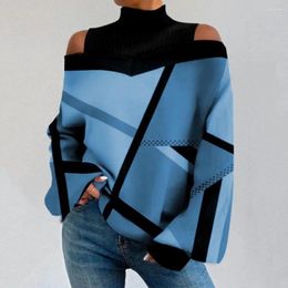 Women's Blouses Long-sleeve Tops Contrast Colour Print Stylish Autumn/winter High Collar Cold Shoulder Lantern Sleeve Tee Shirt