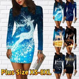 Casual Dresses Fashion Tight Skirt Design Printed Slim-fit Autumn Winter Women Round Neck Dress Christmas MIDI