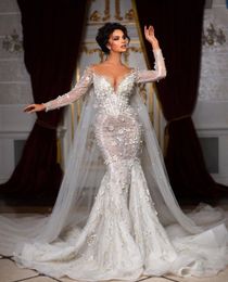 Elegant Mermaid Wedding Dresses Long Sleeves V Neck Appliques Sequins Ruffles 3D Lace Flowers Diamonds Pearls Floor Length Bridal Gowns Custom Made abiti da sposa