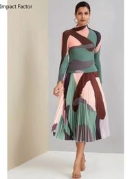 Two Piece Dress Miyake Spring Printed Corn Fold Long Sleeve T-ShirtFashion High Waist Pleated Skirt Women's Set Two-Piece 230421