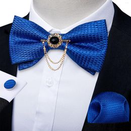 Bow Ties Royal Blue Solid Men's Business Formal Bowtie Pocket Square Cufflinks Set Adjustable Pre-tied Tie With Brooch Butterfly Knot