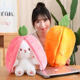 Plush Dolls 35cm Creative Funny Doll Carrot Rabbit Toy Stuffed Soft Bunny Hiding in Strawberry Bag Toys for Kids Girls Birthday Gift 230421