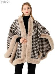 Women's Fur Faux Fur Autumn and winter imitation rabbit fur oversized fur collar houndstooth Woollen shl scarf cape coat women's capeL231121