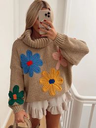 Women's Two Piece Pant Floral Print Turtleneck Crochet Sweater Vintage Long Sleeved Pullover Jumpers Sweaters Female Autumn Streetwear 2023 231121